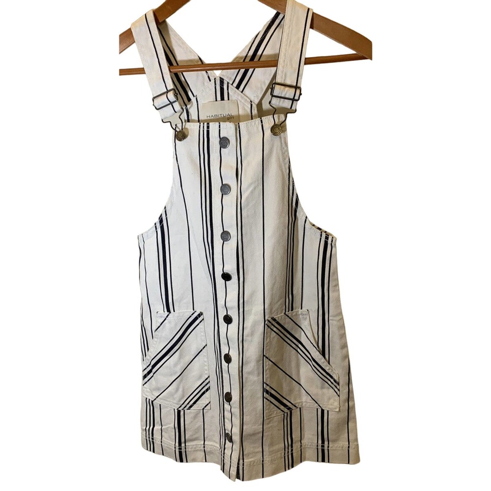 Habitual Girl White Striped Denim Overall Dress Girl's Size 10 snaps down front